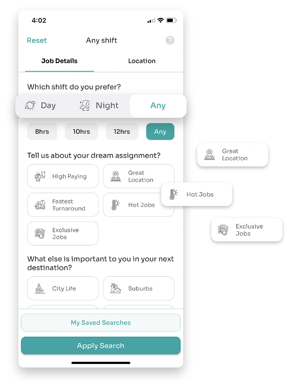 Example of the TotalMed+ app Job Details screen shifts, assignments, and locations.